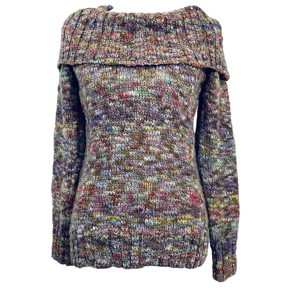 Susan Bristol Multi Color Wool Blend Off Shoulder Chunky Knit Sweater Medium